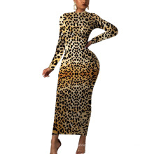 Sexy O-neck Leopard Long Sleeve Midi Wrap Lady Casual and Office Dress
